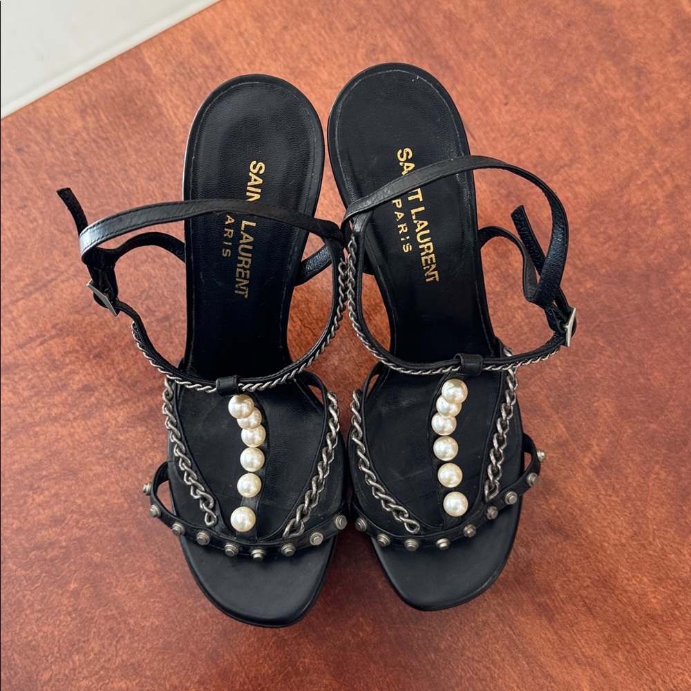 Saint Laurent Paris Pearl and Chain Black Stiletto Platform Sandals Sz 6.5 - Picture 3 of 8
